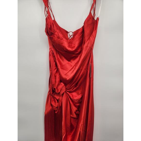 NWT For Love & Lemons Red Anisa Silk Fringe Draped Midi Dress Size XL Red #8A404 - Picture 5 of 13